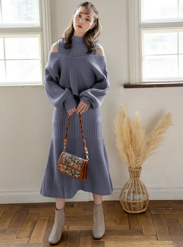 日本 GRL - 挖肩設計針織毛衣X針織魚尾長裙兩件組套裝-藍