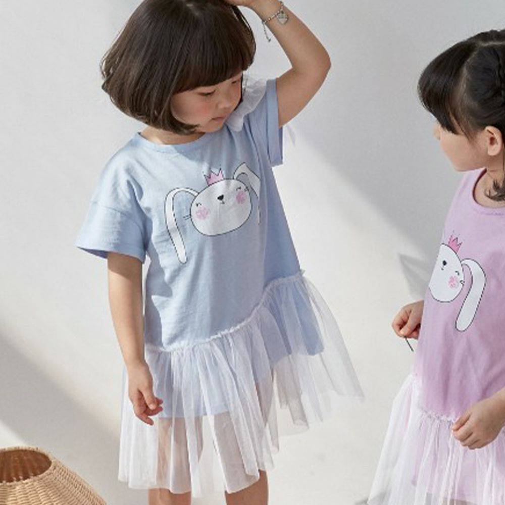 韓國 kikimora - 單邊緞帶皇冠兔網紗拼接洋裝-天藍