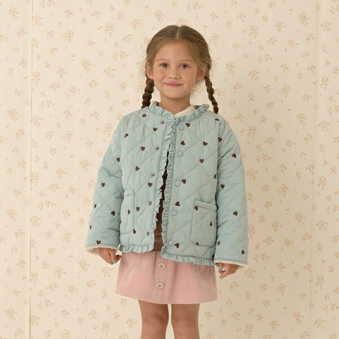 日本 Lycee mine - 滿版愛心荷葉皺褶內刷毛鋪棉外套-米白