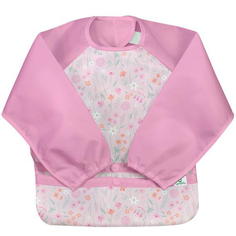 美國 green sprouts - 小綠芽魔鬼氈雙面防水/防食物掉落長袖圍兜單入組-輕柔粉花