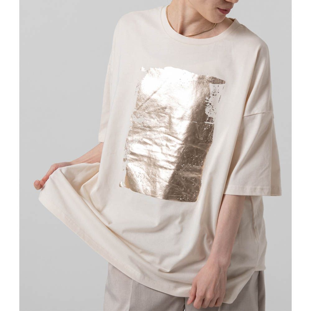 燙金光澤廓形寬版天竺棉短袖T恤-金x奶油杏