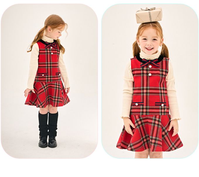 韓國 Jelispoon - 裝飾珍珠釦格紋背心內刷毛洋裝-紅