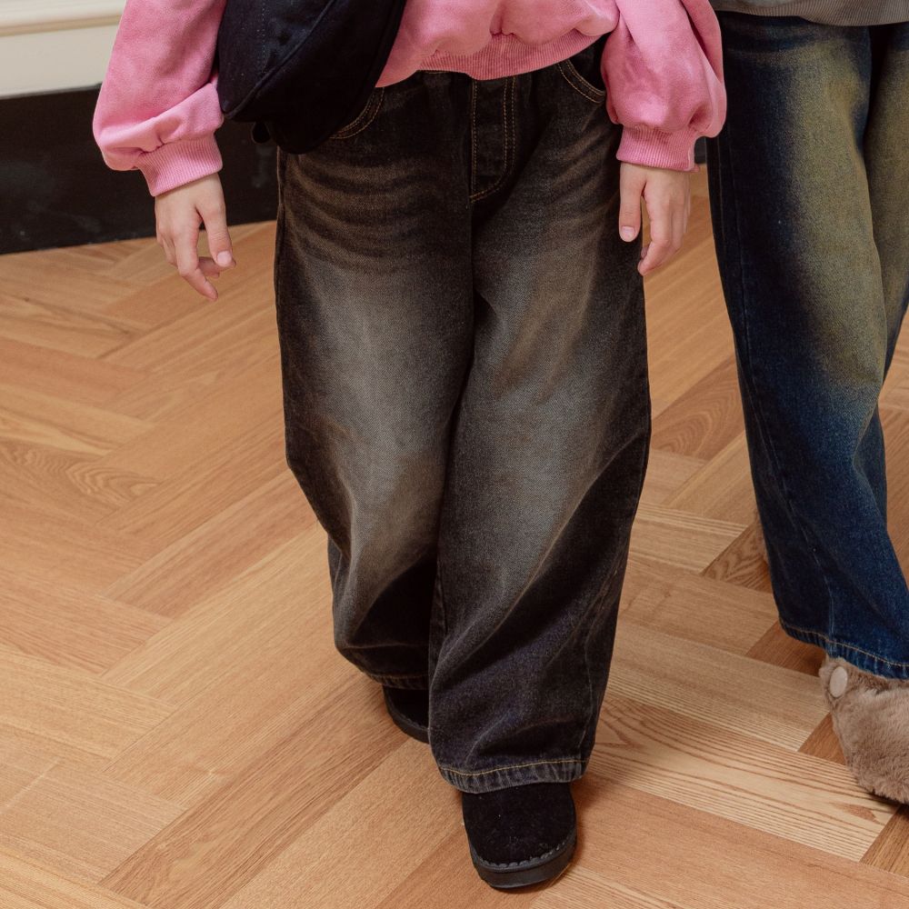sm2 (內磨毛)鬆緊腰復古刷色寬鬆丹寧褲-黑灰