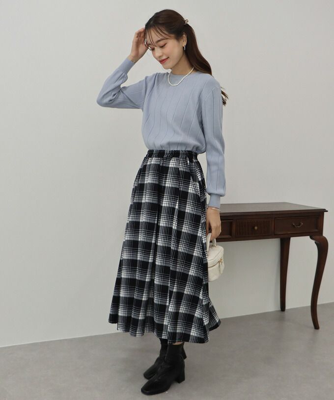 日本 BLUE EAST - 文藝細緻格紋顯瘦長裙-綠黃黑