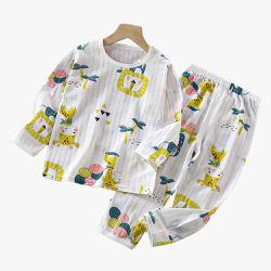 純棉網眼透氣長袖家居服套裝-動物派對-白色