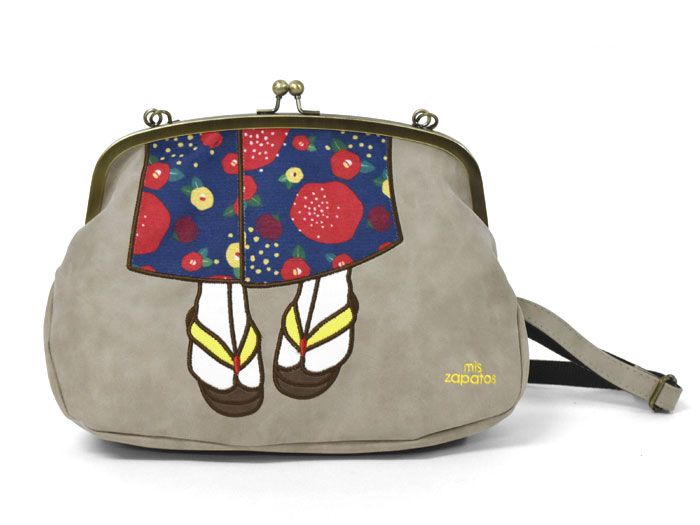 mis zapatos - 兩用斜挎口金包(皮革)-和服-GY灰色 (19*28*8cm)