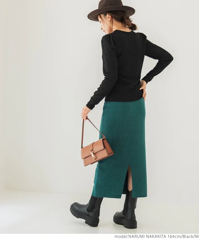 日本 COCA - 圓領泡泡抓皺薄長袖上衣-黑