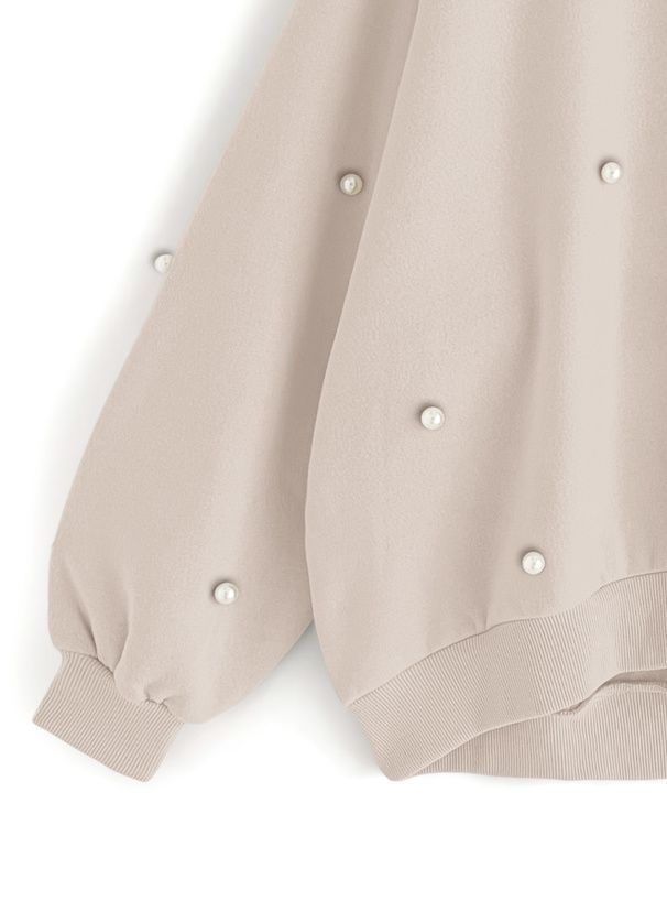 日本 GRL - 圓領磨毛珍珠點綴大學T-灰藍 (F)