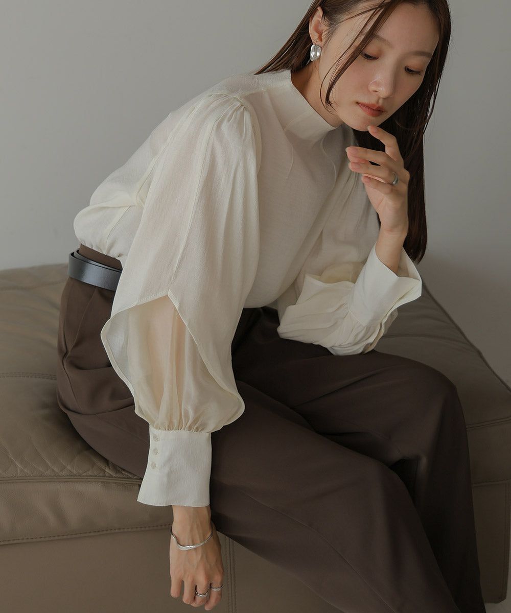 日本 Bab - 柔美紗拼接袖雪紡上衣-深可可