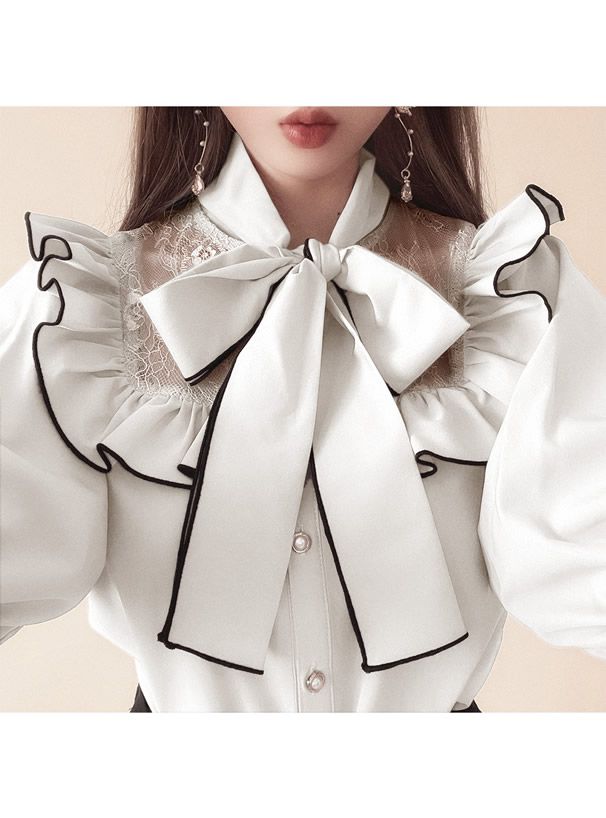 日本 GRL - 蝴蝶結荷葉蕾絲領短袖襯衫-煙燻粉