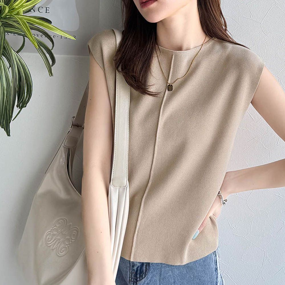 夏季清爽感法式袖針織上衣-淺棕