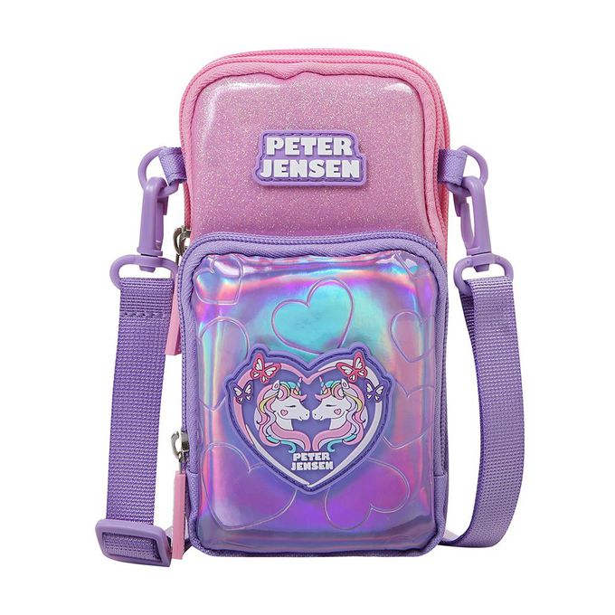 韓國 PETER JENSEN - 愛心獨角獸多夾層輕便斜背包-粉X紫 (10x18.5x4cm)