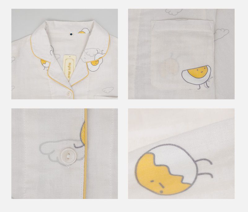 雙層棉紗布長袖家居睡衣套裝-成人款-藍底荷包蛋