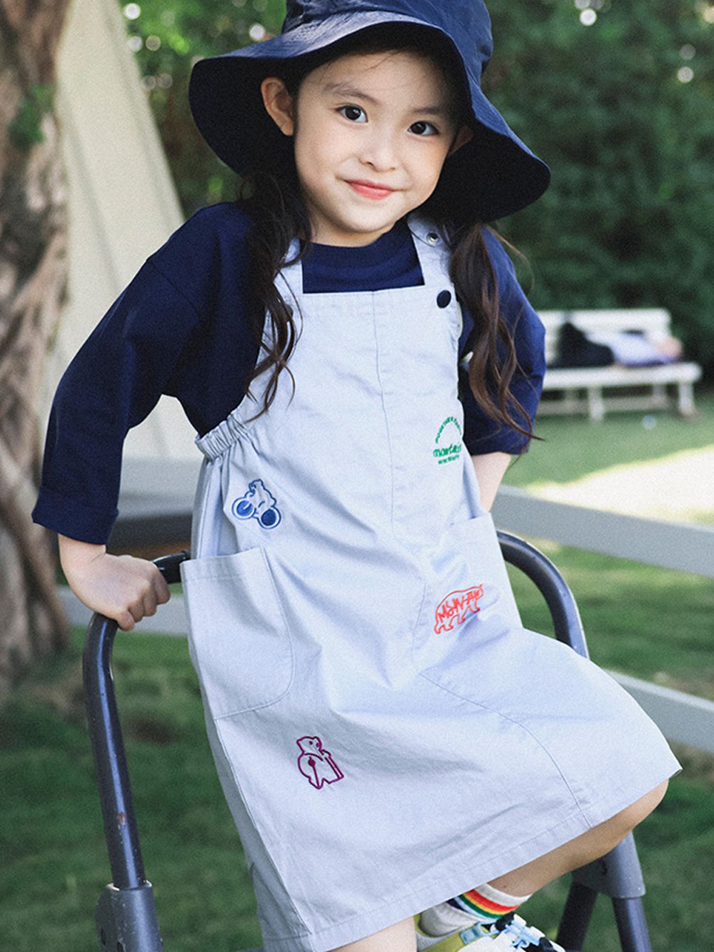 可調節純棉吊帶裙-動物刺繡-藍色