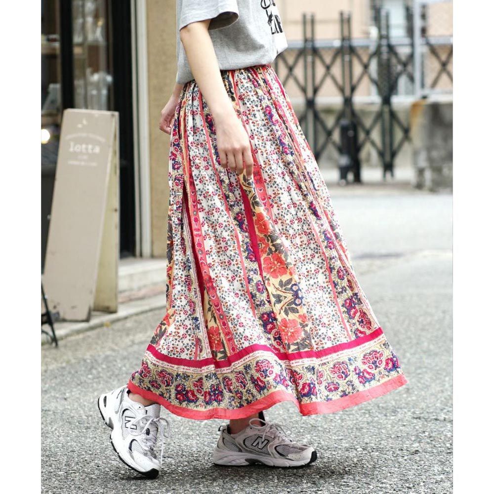 日本 zootie - 100%印度棉印花長裙-條紋粉花-粉紅