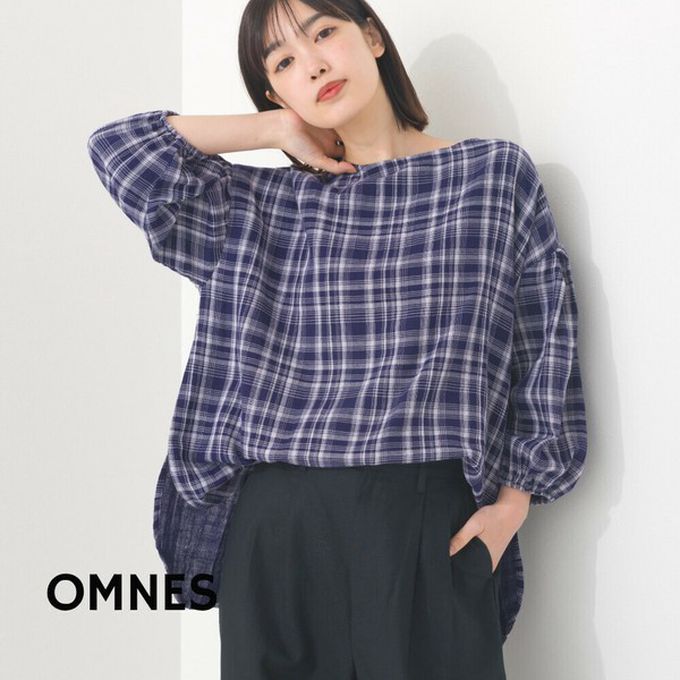 日本 OMNES - 100%印度棉 簡潔二重紗澎袖上衣-深藍格紋