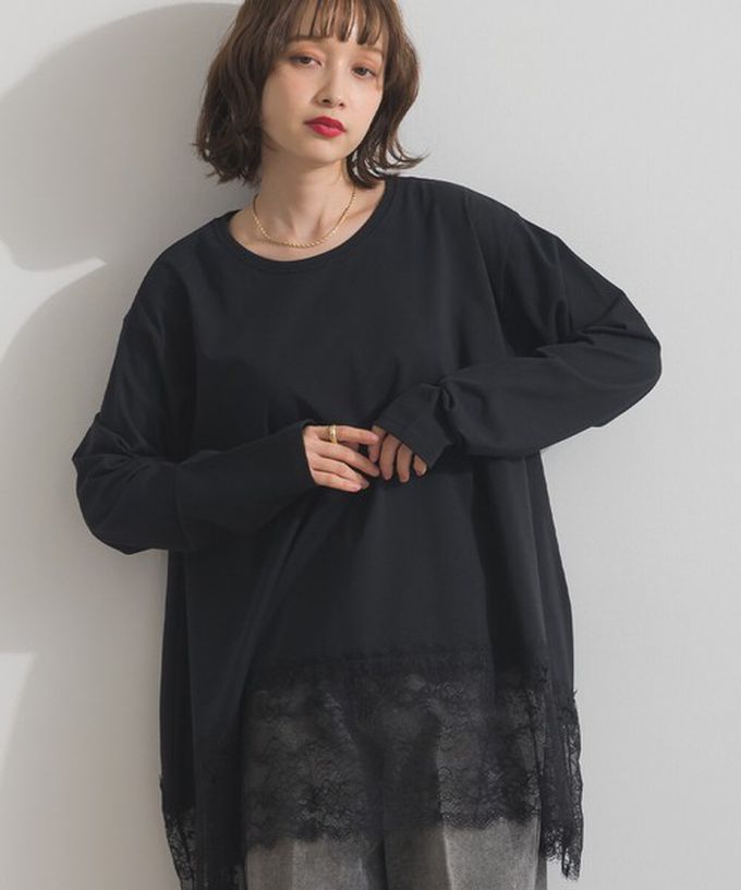 日本 ELENCARE DUE - 唯美蕾絲不規則下擺長袖上衣-咖啡