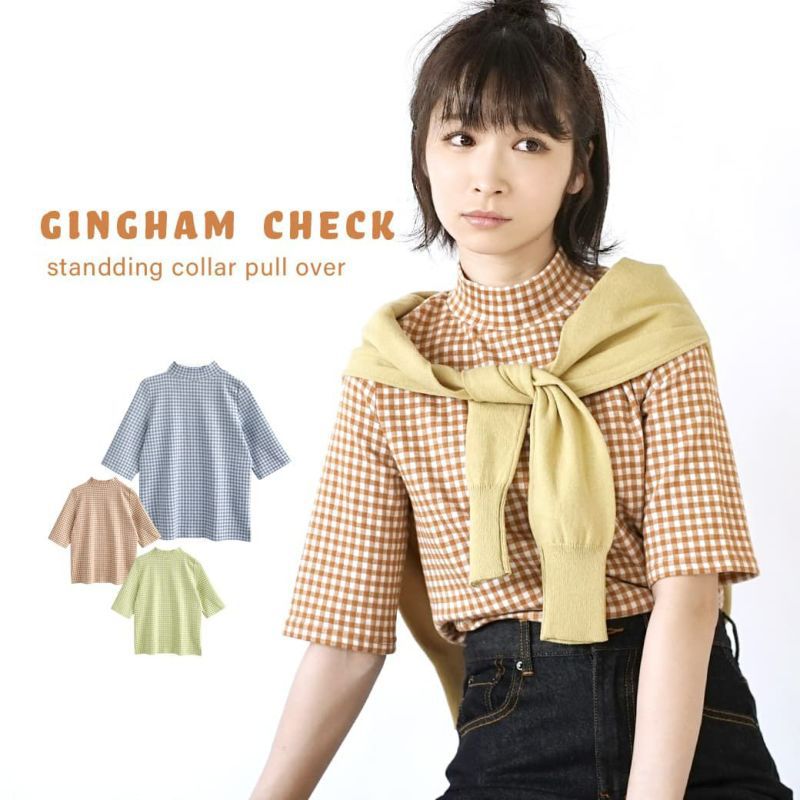 日本 zootie - 小清新復古格子五分袖上衣-藍