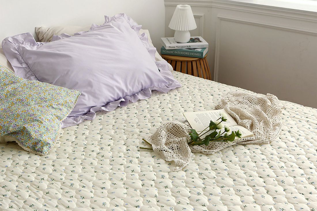 韓國 Prielle - 純棉3層防水墊/保潔墊-溫暖紫花 (Q(150X200cm)-雙人床)