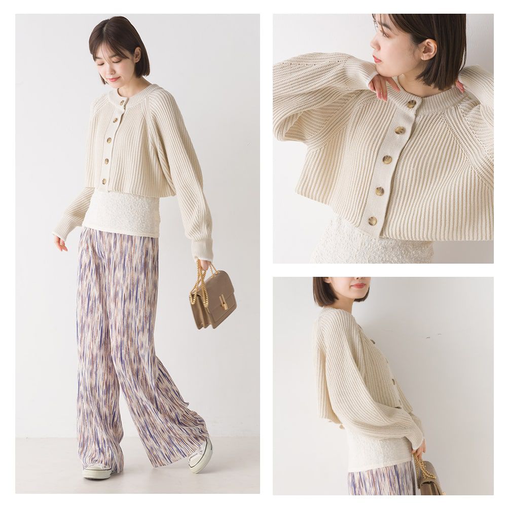 日本 OMNES - 圓領俏麗短版粗針織外套-淺卡其