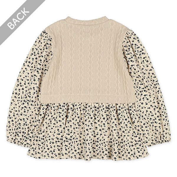 日本西松屋 - 異材質拼接假兩件長袖上衣-小碎花-卡其