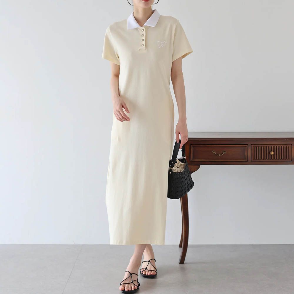 低調愛心刺繡polp衫短袖洋裝-象牙白 (M)