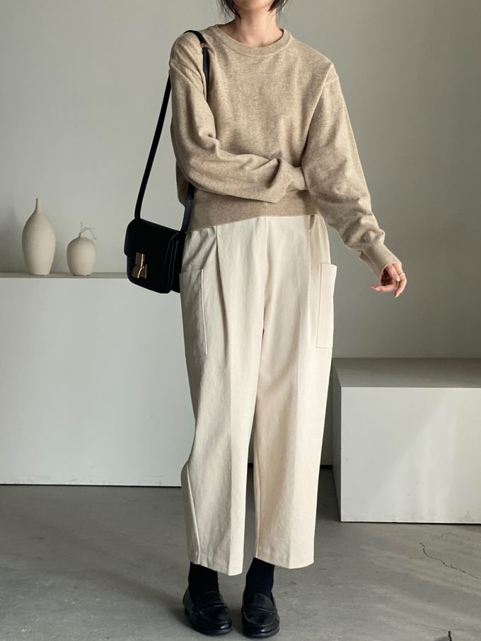 韓國女裝連線 - 鬆緊腰雙口袋錐形修飾長褲-米白 (FREE)