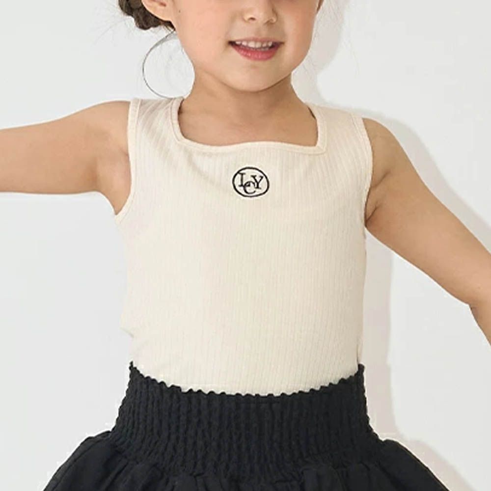 品牌刺繡羅紋方領無袖上衣-白