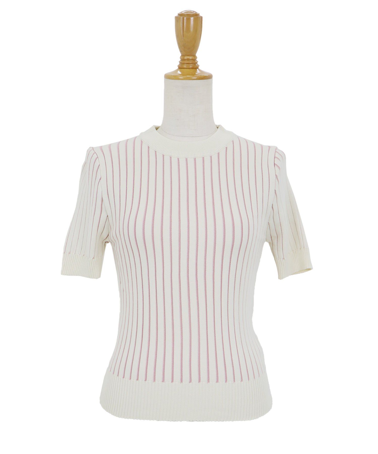 日本 BLUE EAST - 彈性寬羅紋薄針織短袖上衣-淺粉x白