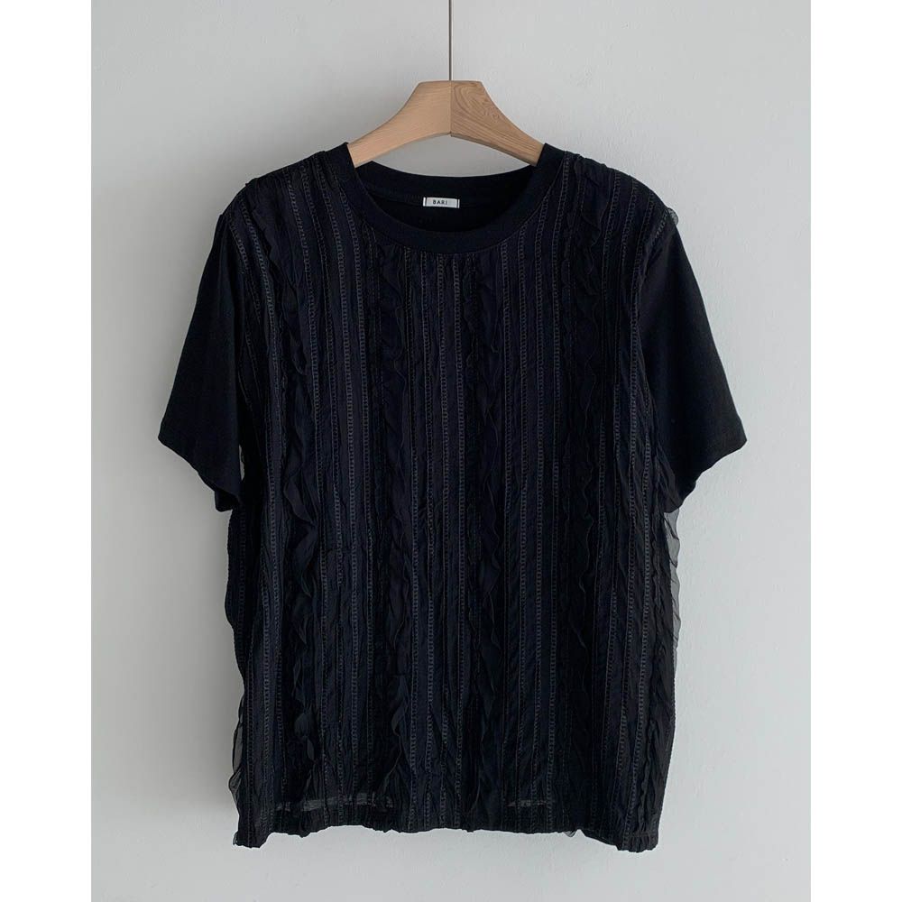 蕾絲點綴微透短袖上衣-黑 (FREE)