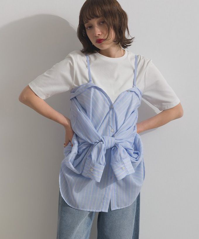 日本 ELENCARE DUE - 2way穿法輕盈透膚寬版薄襯衫-格紋-淺灰綠