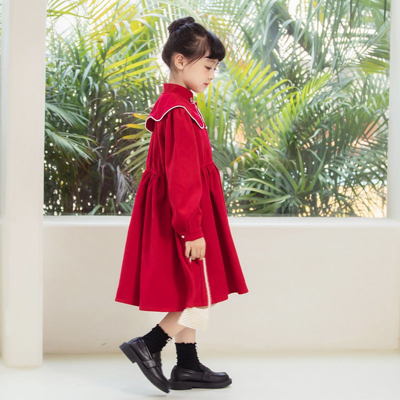 娃娃領燈芯絨長袖洋裝-卡其色