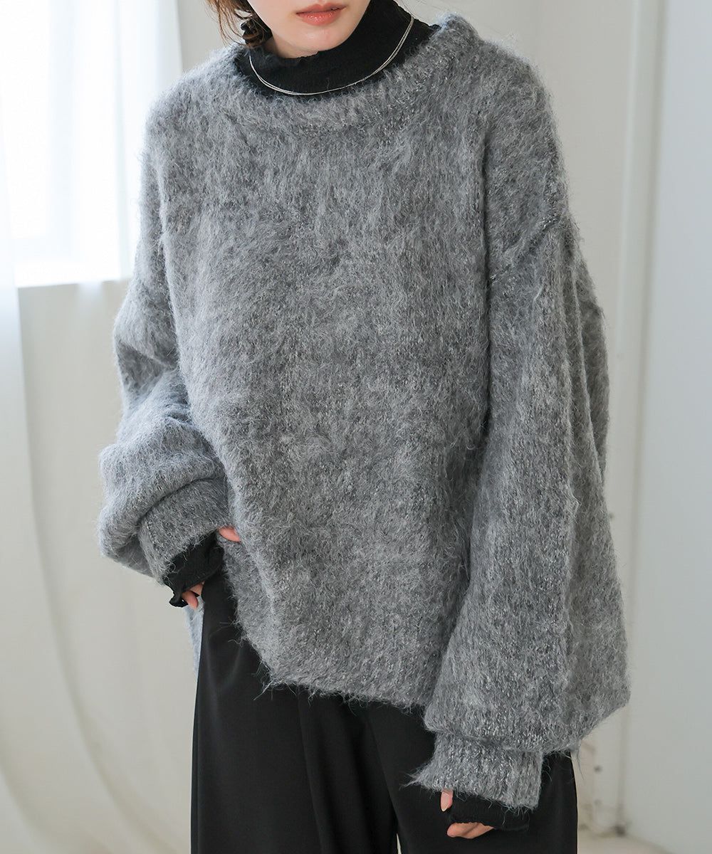 日本 Bab - 澎袖毛海溫柔廓形針織上衣-淺灰