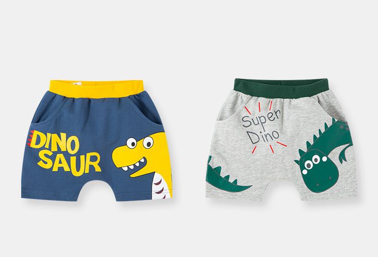 BE TOP - 純棉休閒短褲-偷看恐龍-黃+藍