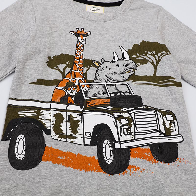 Jumping meters - 圓領棉質長袖上衣-犀牛與長頸鹿-灰色