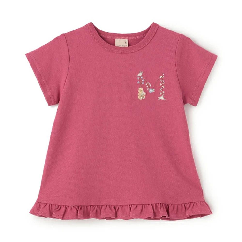 荷葉邊英文刺繡短袖上衣-M-桃粉