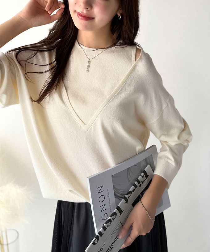 日本 Classical Elf - 假二件疊穿時尚露肩長袖上衣-黑白條紋