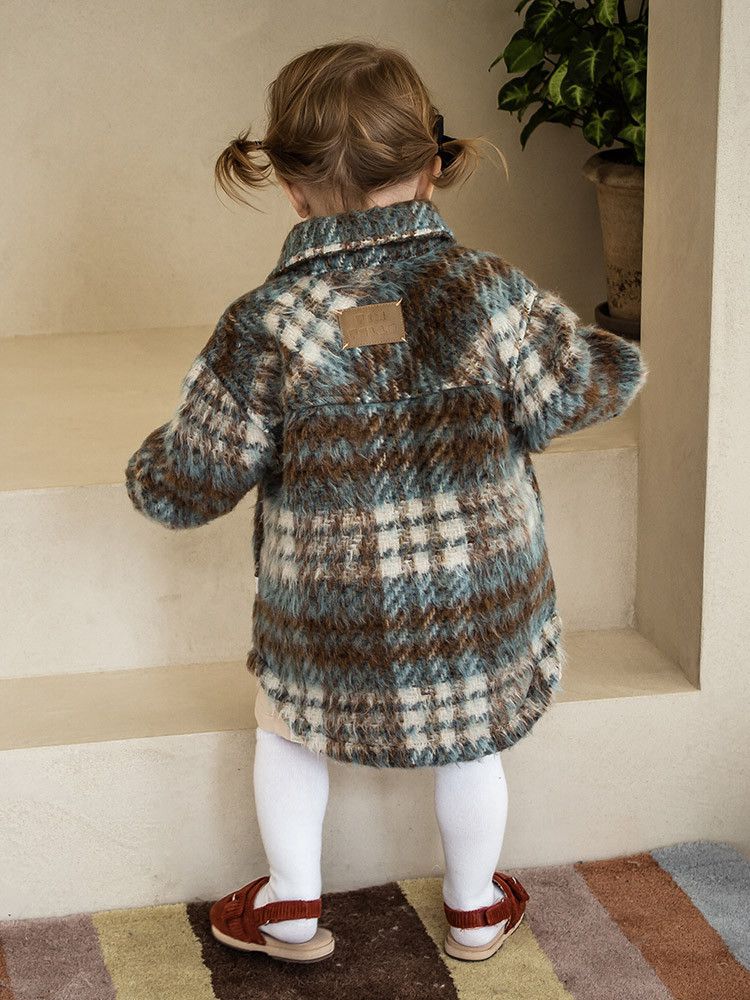 韓國Pimpollo - 藍格紋襯衫型保暖外套-棕