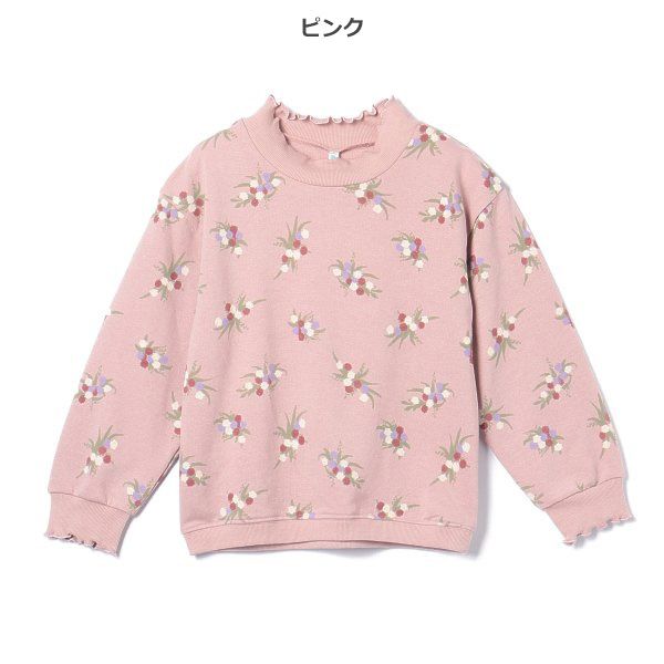 日本西松屋 - 裏毛圓領印花長袖上衣-優雅花束-淺粉