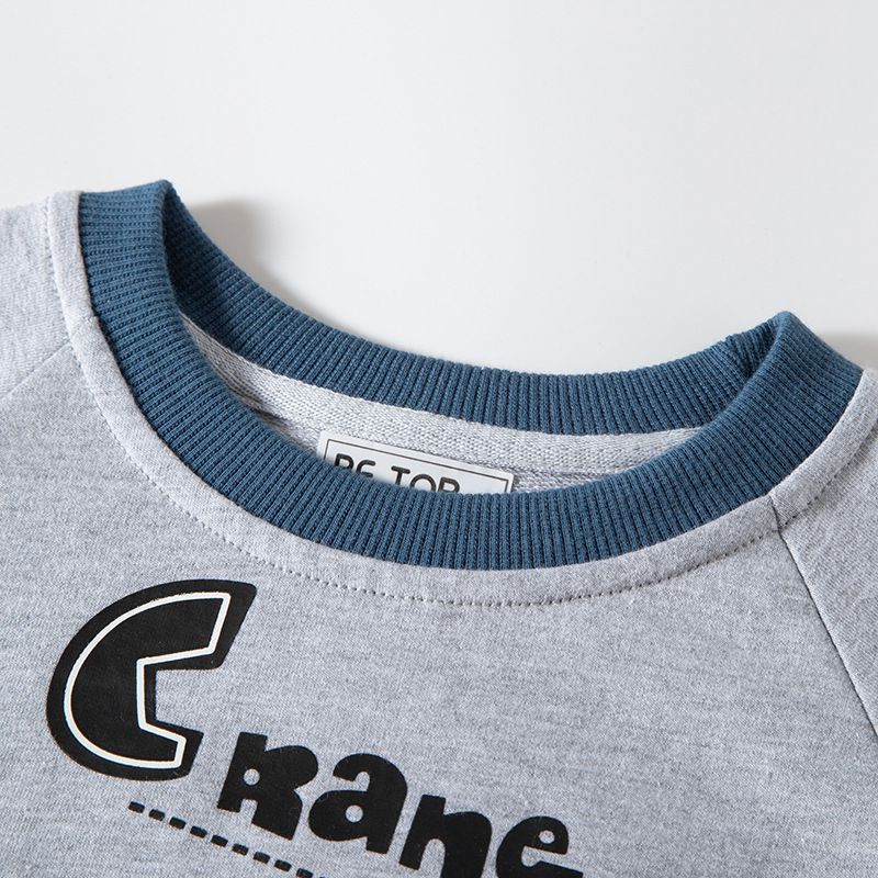 純棉圓領長袖上衣/大學T-工程吊車-霧藍+灰