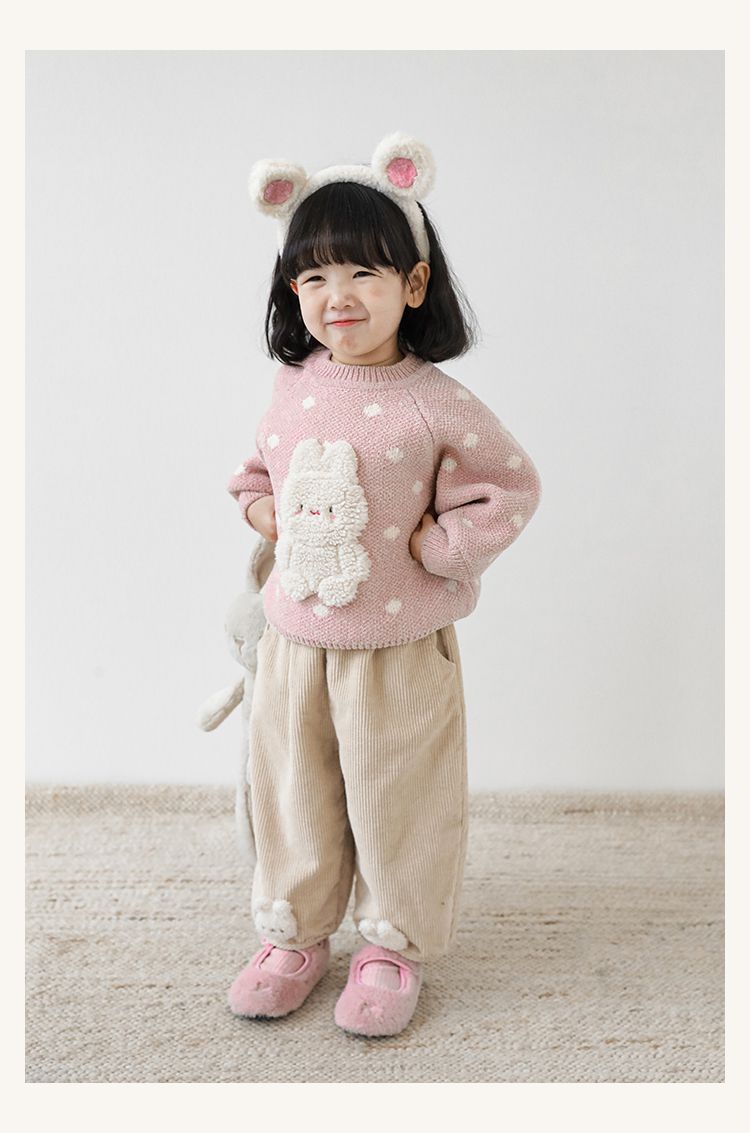 TONGMO - 立體造型腰鬆緊保暖寬褲-兔子-米白色