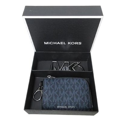 MICHAEL KORS - 經典老花零錢包+LOGO金屬吊飾禮盒 (深藍)