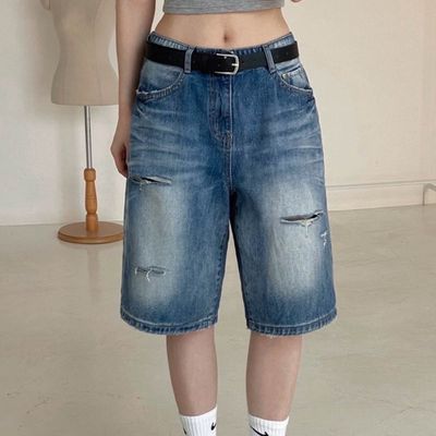 韓國女裝連線 - 彈性腰復古割破感丹寧5分褲-深藍