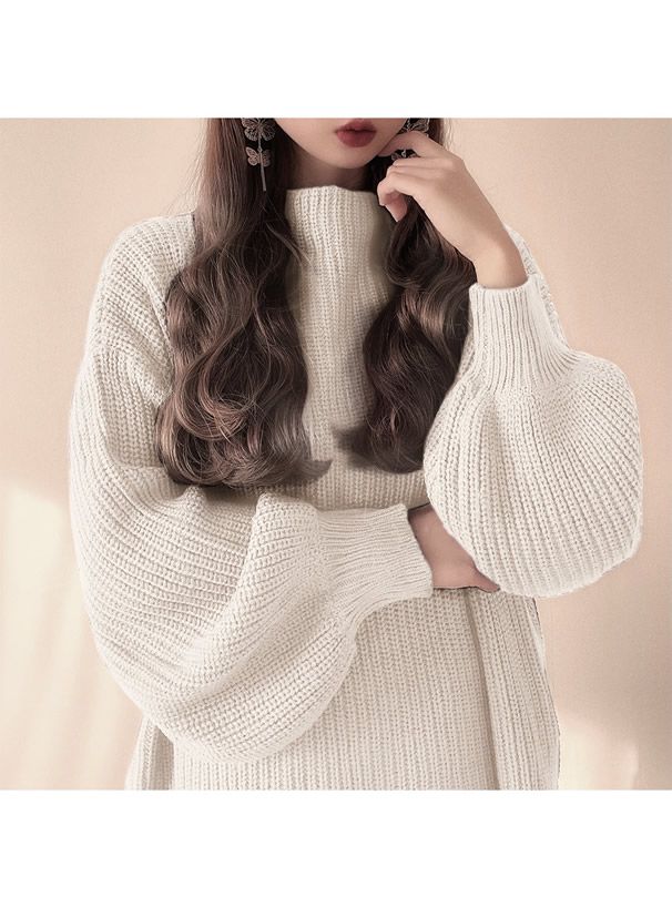 日本 GRL - 優雅酒瓶領澎澎袖針織毛衣-咖啡 (F)