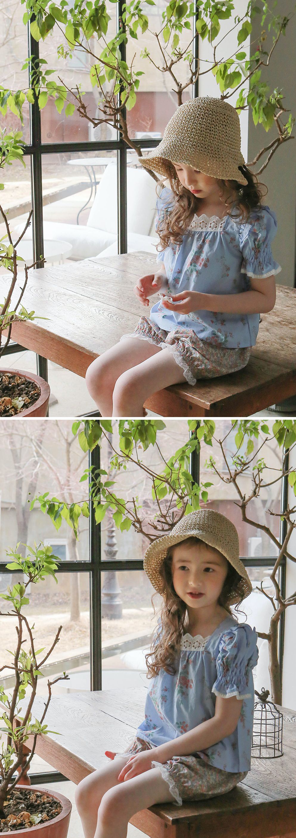 韓國 PuellaFLO - ㄩ字領公主袖花花上衣-天藍