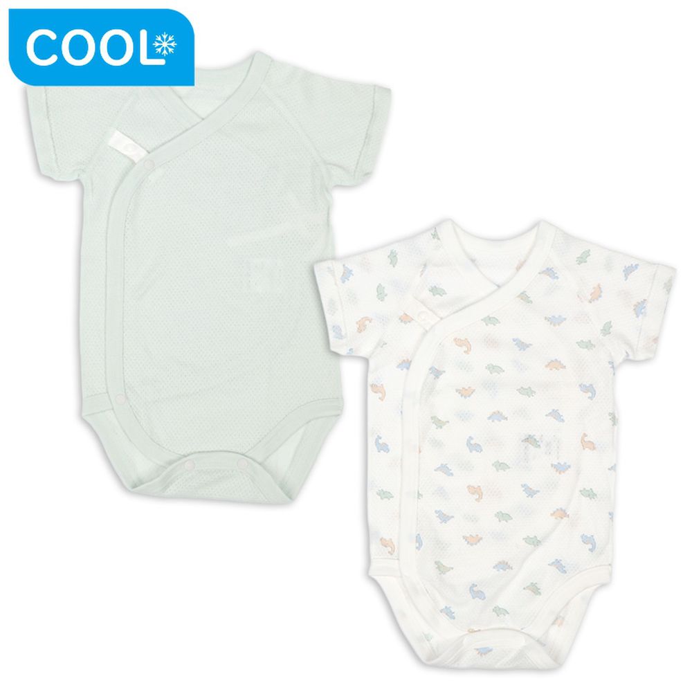 短袖網眼包屁衣2件組-按扣款 恐龍-綠色 (50~60cm)