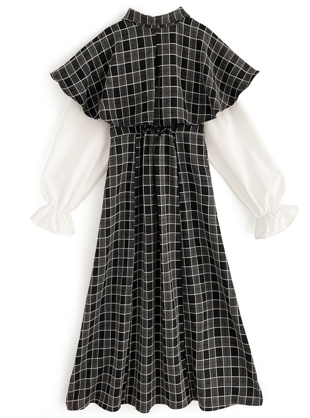 日本 GRL - 斗篷領格紋拼接兩件式洋裝-黑