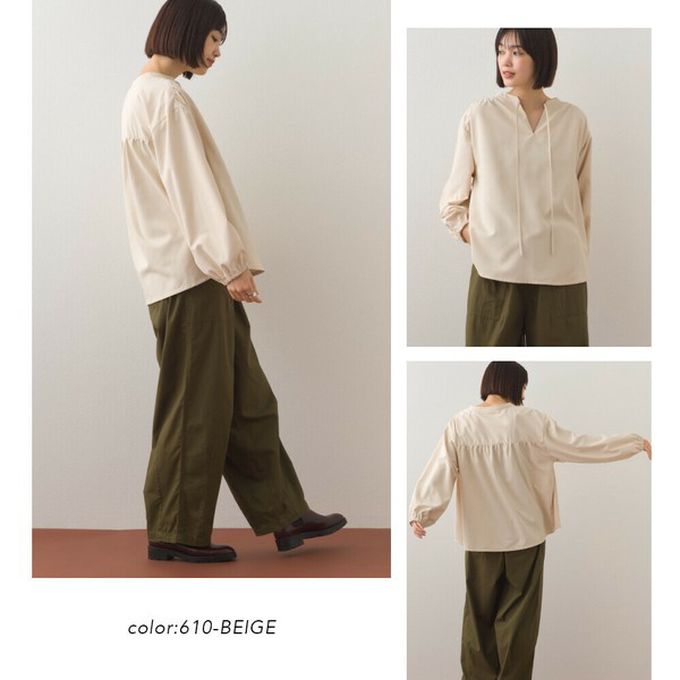 日本 OMNES - 柔滑科技棉 俐落感綁帶澎袖上衣-條紋-藍