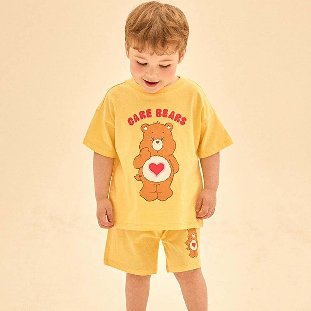 聯名款思考熊熊印短袖套裝-愛心棕熊-黃