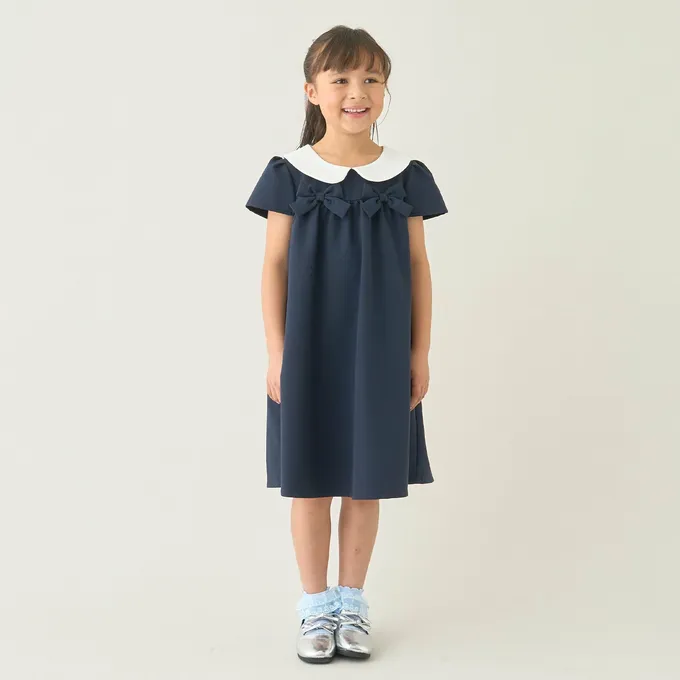 日本 Lycee mine - 優雅正式感圓領胸前緞帶短袖洋裝-深藍